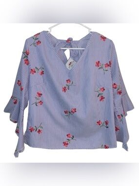 Striped V-Neck Blouse with Pink Floral Embroidery